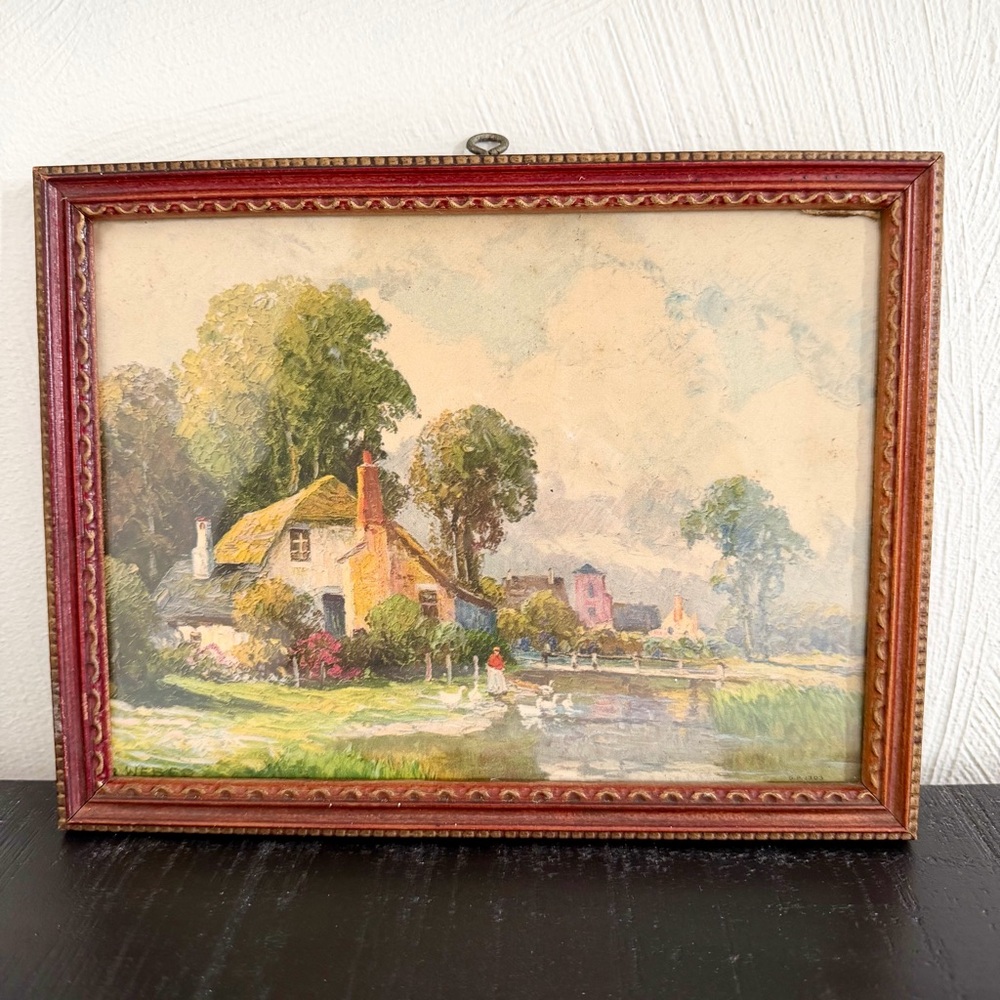 Vintage‎ color lithograph Framed Picture "Cottage on Pond" by artist R. Weber